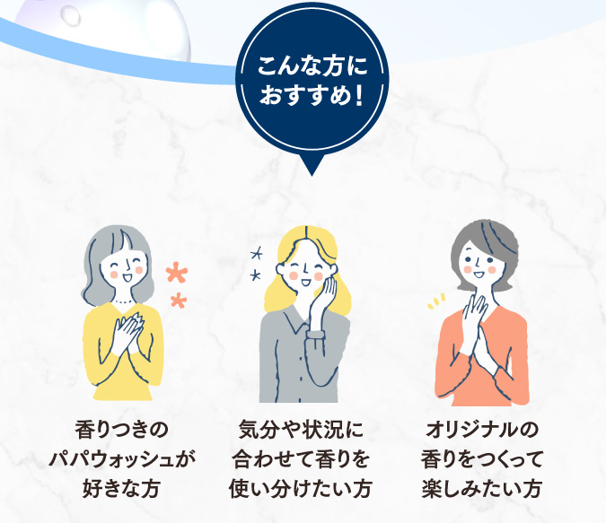 こんな方におすすめ！ 香りつきのパパウォッシュが好きな方 気分や状況に合わせて香りを使い分けたい方 オリジナルの香りをつくって楽しみたい方