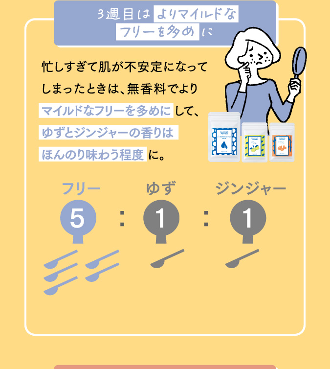 3週目はよりマイルドなフリーを多めに 忙しすぎて肌が不安定になってしまったときは、無香料でよりマイルドなフリーを多めにして、ゆずとジンジャーの香りはほんのり味わう程度に。