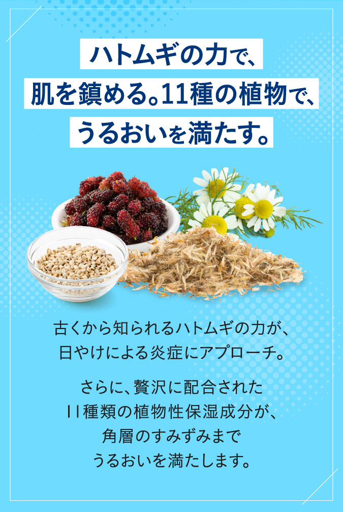 ハトムギの力で、肌を鎮める。11種の植物で、うるおいを満たす。