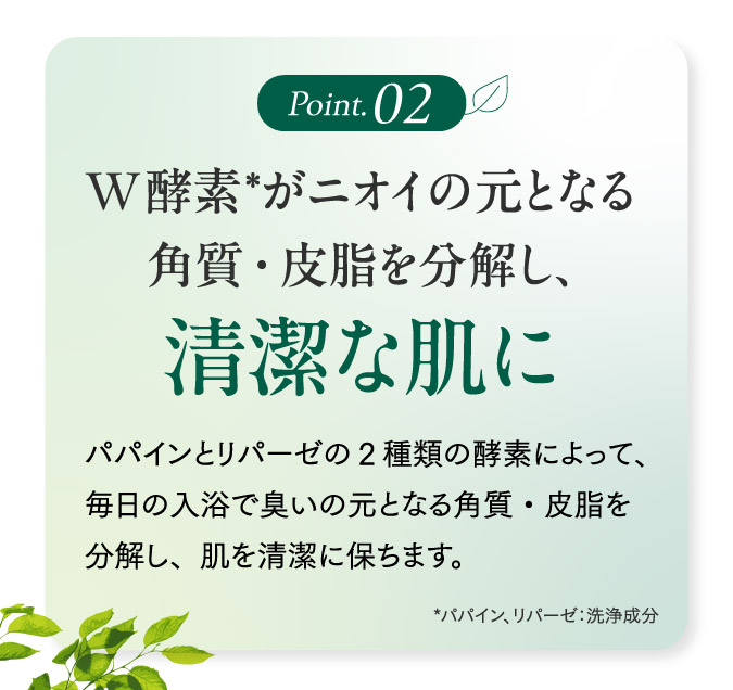 W酵素がニオイの元となる角質・皮膚を分解し、清潔な肌に