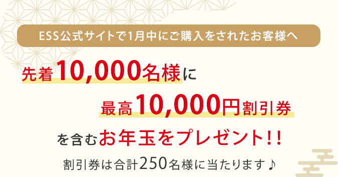 ESS公式サイトで1月中にご購入をされたお客様へ　先着10,000名様に最高10,000円割引県を含むお年玉をプレゼント！！割引券は合計250名様に当たります♪
