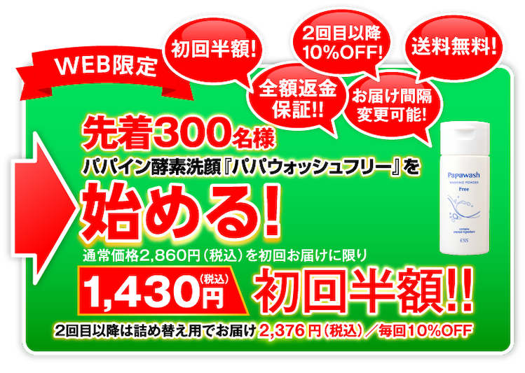 WEB限定 初回半額！全額返金保証！！2回目以降10%OFF！お届け間隔変更可能！送料無料！先着300名様 パパイン酵素洗顔『パパウォッシュフリー』を始める！通常価格2,860円（税込）を初回お届けに限り1,430円（税込）初回半額！！2回目以降は詰め替え用でお出かけ2,574円（税込）／毎回10%OFF