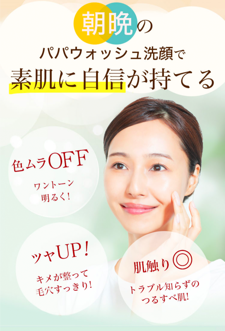 朝晩のパパウォッシュ洗顔で素肌に自信が持てる　色むらOFF→ワンﾄーン明るく!　ツヤUP!→キメが整って毛穴すっきり!　肌触り◎→トラブル知らずのつるすべ肌!